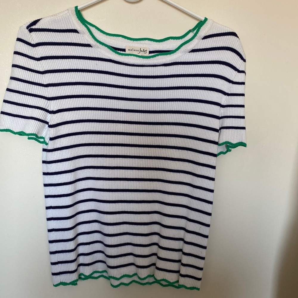 Maison Jules Striped Wavy-Trim Sweater Short Sleeve Size Medium
